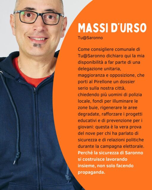 Dopo anni di promesse a vuoto, oggi Saronno ha finalmente la Polfer in stazione, un presidio fondamentale di sicurezza che nessuna delle precedenti amministrazioni era riuscita a ottenere per la città.
Come lista civica Tu@Saronno vogliamo quindi lanciare una sfida costruttiva all’opposizione di centrodestra che in campagna elettorale ha promesso di avere “i contatti giusti” in Regione e nei palazzi che contano: mettiamo alla prova queste promesse, andiamoci insieme in Regione Lombardia a cercare le risorse che servono davvero per Saronno!
@massimilianodurso
